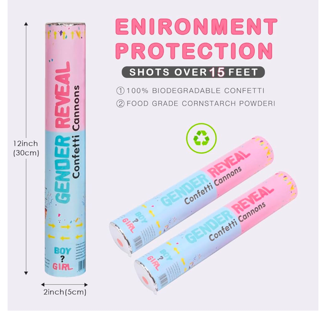 YALLOVE Gender Reveal Confetti Powder Cannon Bulk, Set of 2, Heart-Shaped Pink Baby Girl Biodegradable Poppers and Smoke